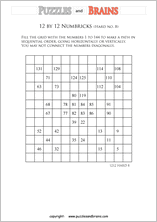 printable 12 by 12 difficult level Numbrix logic IQ puzzles