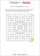 printable 12 by 12 difficult level Numbrix logic IQ puzzles