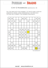 printable 12 by 12 medium level Numbrix logic IQ puzzles