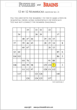 printable 12 by 12 medium level Numbrix logic IQ puzzles