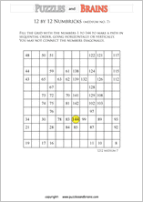 printable 12 by 12 medium level Numbrix logic IQ puzzles