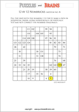 printable 12 by 12 medium level Numbrix logic IQ puzzles