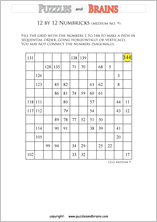 printable 12 by 12 medium level Numbrix logic IQ puzzles