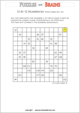 printable 12 by 12 very hard level Numbrix logic IQ puzzles