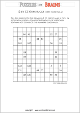 printable 12 by 12 very hard level Numbrix logic IQ puzzles