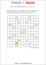 printable 12 by 12 very hard level Numbrix logic IQ puzzles