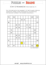 printable 12 by 12 very hard level Numbrix logic IQ puzzles