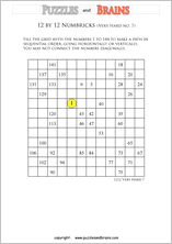 printable 12 by 12 very hard level Numbrix logic IQ puzzles