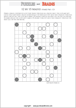 printable difficult level 12 by 15 Japanese Masyu Circles logic puzzles for young and old.