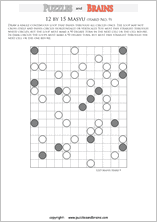 printable difficult level 12 by 15 Japanese Masyu Circles logic puzzles for young and old.