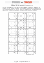 printable easier level 12 by 18 Kuromasu logic puzzles for young and old