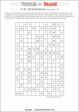 printable easier level 12 by 18 Kuromasu logic puzzles for young and old