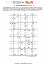 printable easier level 12 by 18 Kuromasu logic puzzles for young and old