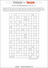 printable difficult level 12 by 18 Kuromasu logic puzzles for young and old