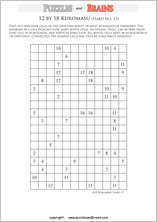 printable difficult level 12 by 18 Kuromasu logic puzzles for young and old