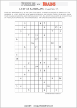 printable difficult level 12 by 18 Kuromasu logic puzzles for young and old