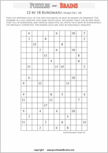 printable difficult level 12 by 18 Kuromasu logic puzzles for young and old