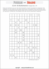 printable difficult level 12 by 18 Kuromasu logic puzzles for young and old