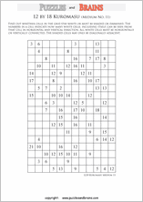 printable medium level 12 by 18 Kuromasu logic puzzles for young and old